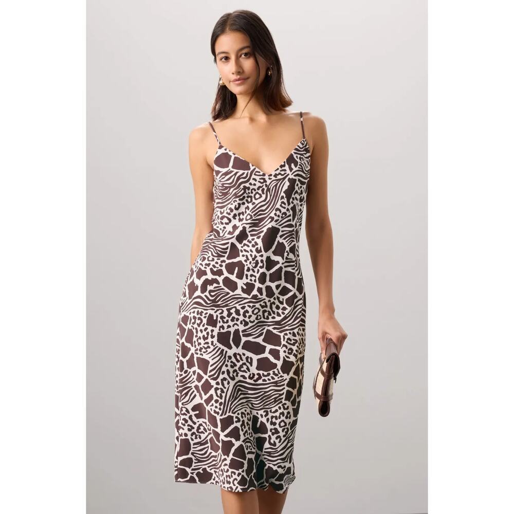 Adam Lippes Animal Print Silk Slip Dress Midi V-Neck Leopard Sz 10